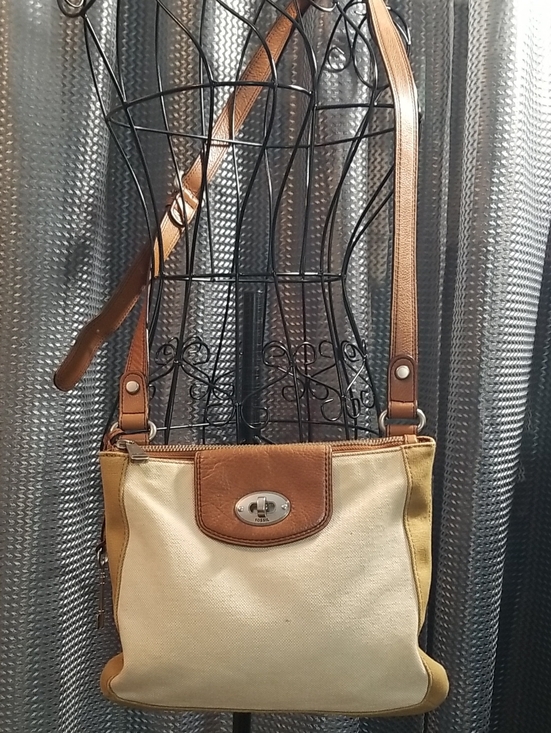 Fossil Handbags - Fossil Cream and Brown Canvas Crossbody Bag
